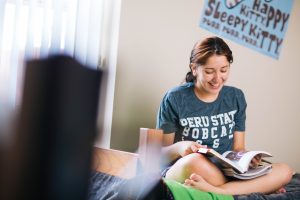 Student studying in a Morgan dorm room