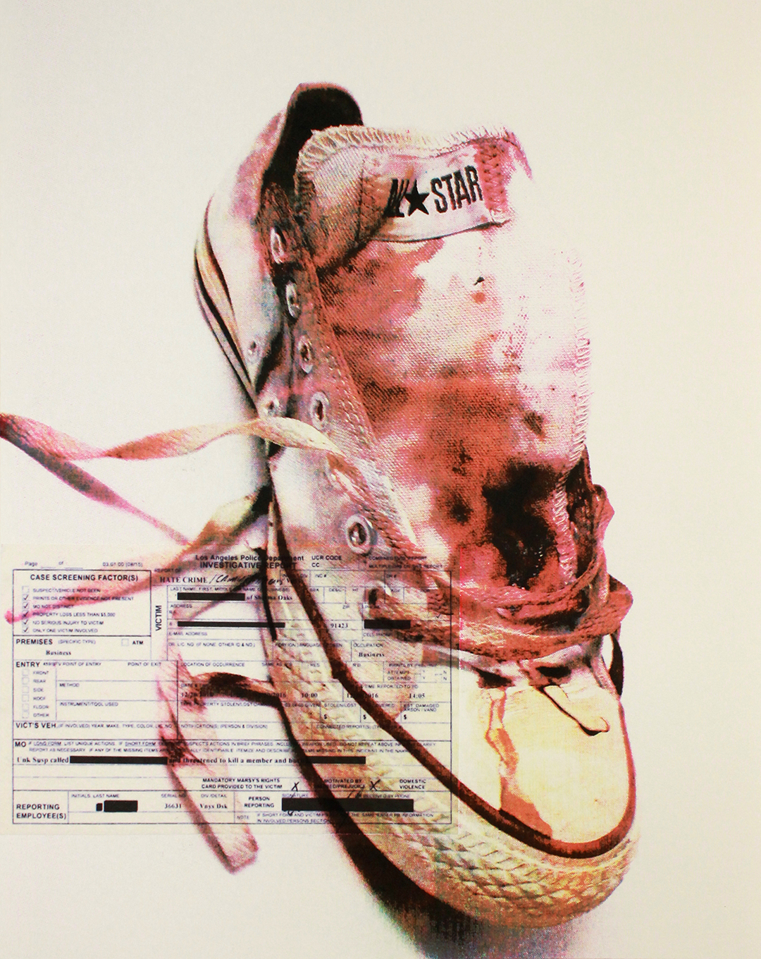 white high top tennis shoe with red paint