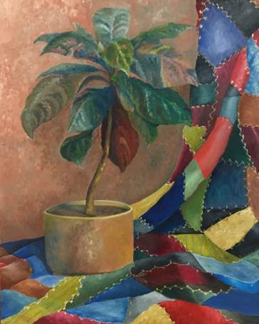 potted plant on a crazy quilt