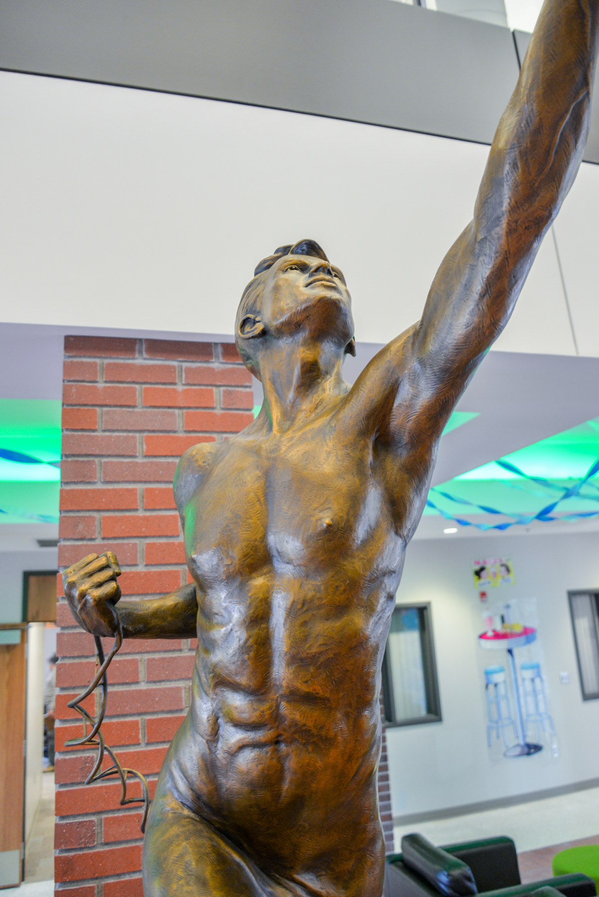 Close up of the Power of Thought sculpture housed in the Jindra Fine Arts lobby.