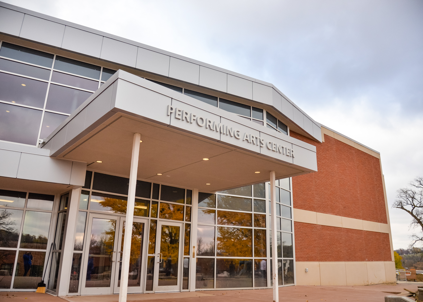 Front view of the newly remodeled College Theatre, now known as the Performing Arts Center.